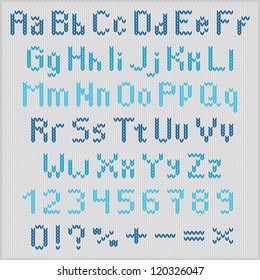 Blue knitting alphabet on gray background, vector