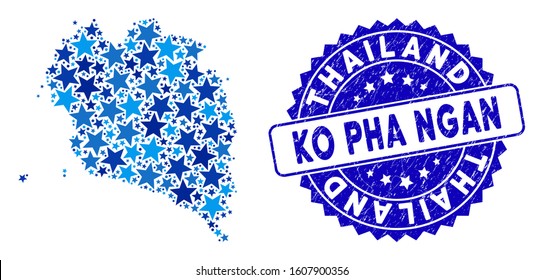 Blue Ko Pha Ngan map collage of stars, and textured round stamp. Abstract territory plan in blue shades. Vector Ko Pha Ngan map is done of blue stars. Designed for political and patriotic agitation.