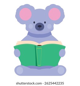 Blue koala bear reading a book sitting cross legged
