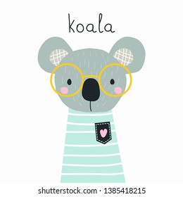 Blue Koala. Vector illustration, with animal image, for printing on postcards, posters, banners, labels, stickers, fabric, packaging paper. Cute baby background.