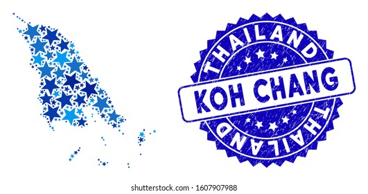 Blue Koh Chang map collage of stars, and scratched round stamp. Abstract territorial plan in blue color hues. Vector Koh Chang map is designed of blue stars.