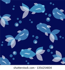 Blue koi fish, Seamless vector pattern. Trendy pattern with fishes on a blue background for printing, fabric, textile, manufacturing, wallpapers.