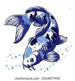 Ilustración vectorial de pescado azul Koi, fondo azul Koi Fish