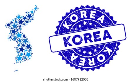 Blue Korea map composition of stars, and textured round seal. Abstract territory scheme in blue color hues. Vector Korea map is designed with blue stars. Designed for political and patriotic purposes.