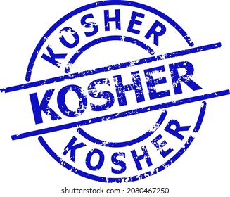 Blue KOSHER round seal stamp. KOSHER title is inside round shape. Rough KOSHER seal in blue color, with unclean style.