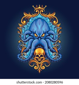 Blue Kraken with Gold Frame Skull Vector illustrations for your work Logo, mascot merchandise t-shirt, stickers and Label designs, poster, greeting cards advertising business company or brands.