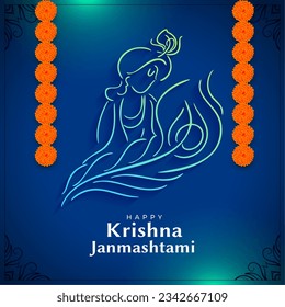 blue krishna janmashtami greeting card design in line style vector