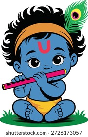 Azul Krishna tocando la flauta con dibujos animados de plumas de pavo real.