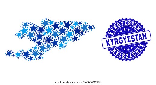 Blue Kyrgyzstan map mosaic of stars, and textured rounded seal. Abstract geographic scheme in blue color hues. Vector Kyrgyzstan map is designed from blue stars.