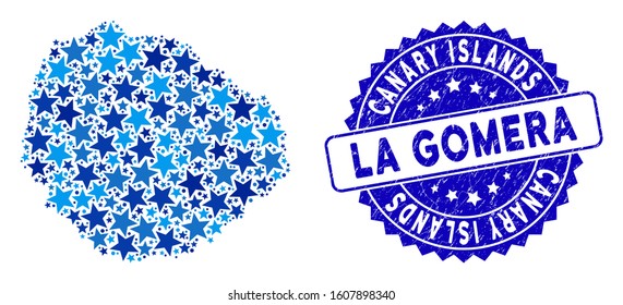 Blue La Gomera Island map mosaic of stars, and distress rounded stamp seal. Abstract geographic scheme in blue color tints. Vector La Gomera Island map is composed of blue stars.