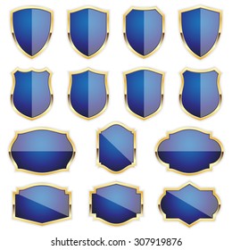 Blue label and badges with gold border on white background