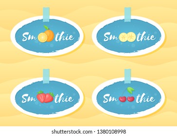 Blue label set smoothie fruit shake vector illustration. Hand drawn sign Smoothie on blue background in white frame on smoothies drink cocktail label for offer drawing sign or store promotion art