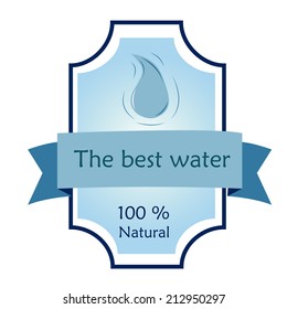 a blue label with some text, a ribbon and a drop of water