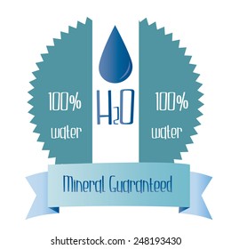 a blue label with text, a drop of water and a ribbon