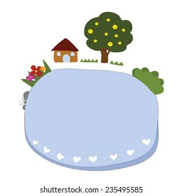 blue label for text with home,tree,grass,flowers and white hearts  isolated