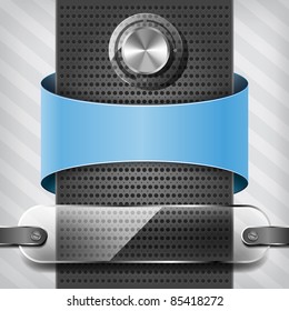 blue label, transparency plate and volume knob on a column on the stripped background