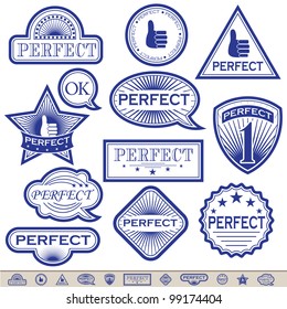 Blue Labels 'Perfect'. Everyone has a transparent background. Can be placed on a background of any color. Grouped for easy edition. In gallery also variants in gold and in silver.