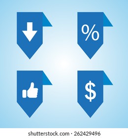 Blue Labels/ribbons (percent, Like, Arrow Down And Dollar Sign) On Blue Background, 
Set. Vector Design For Website