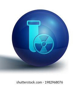 Blue Laboratory chemical beaker with toxic liquid icon isolated on white background. Biohazard symbol. Dangerous symbol with radiation icon. Blue circle button. Vector