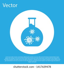 Blue Laboratory glass test tube with virus and bacteria icon isolated on blue background. Analysis microorganism, research, diagnosis. White circle button. Vector Illustration