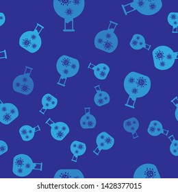 Blue Laboratory glass test tube with virus and bacteria icon isolated seamless pattern on blue background. Analysis microorganism, research, diagnosis.  Vector Illustration