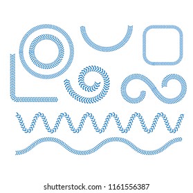 Blue Lace from a Baseball Set Different Types Isolated on White Background. Vector illustration of Stitch Ball Seam