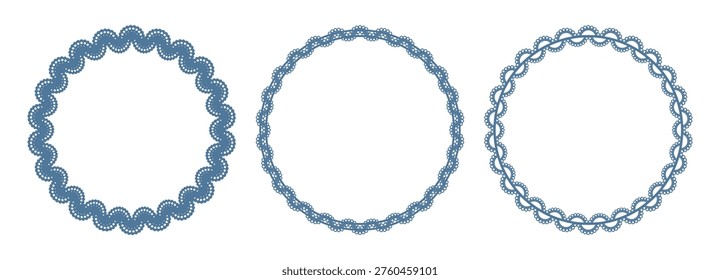 Blue lace round frames set. Three circle borders with wavy, scalloped cutout edges, dotted trim. Paper doily napkin patterns. Vintage invitation, wedding card, tea party, cake decoration. Vector.