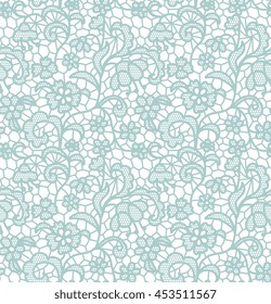 Blue lace seamless pattern with flowers on white background