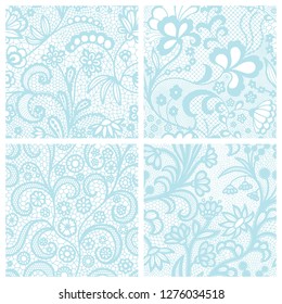 Blue lace seamless patterns with flowers on white background