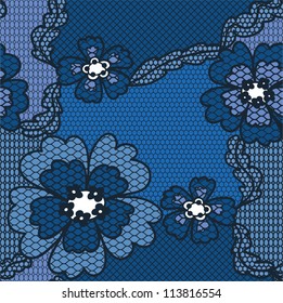 Blue lace vector fabric seamless  pattern with flowers
