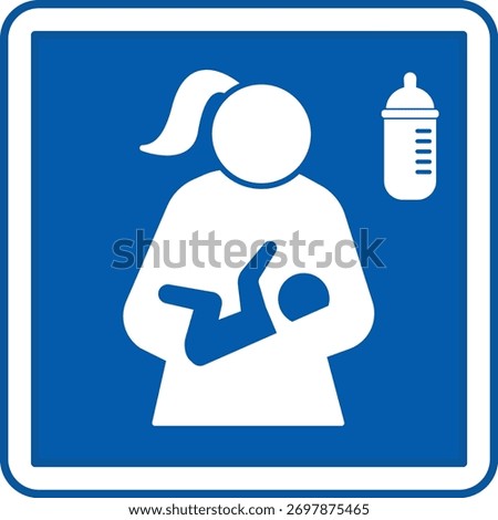 Blue Lactating Room Sign. Vector Icon. Mother, Baby, and Feeding Bottle. Hospital Ward Sign