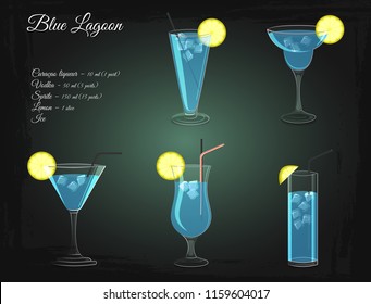 Blue Lagoon alcohol cocktail vector set