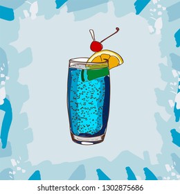 Blue Lagoon classic cocktail illustration. Alcoholic bar drink hand drawn vector. Pop art