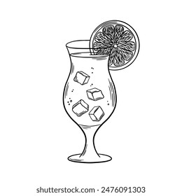 Blue Lagoon Cocktail black and white outline vector illustration. Bar drink line art. Engraving style. Line drawing