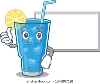 Blue lagoon cocktail cartoon design with Thumbs up finger bring a white board