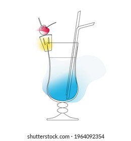 Blue lagoon cocktail, decorated with a slice of pineapple and a cherry. Imitation of watercolors