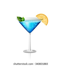 Blue lagoon cocktail drink in a cosmopolitan glass with mint and orange realistic vector illustration.