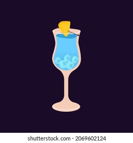 Blue Lagoon in cocktail glass with ice cubes and pineapple for decor. Alcohol drink with curacao and tropical fruit. Summer party beverage with vodka, soda and juice. Isolated flat vector illustration