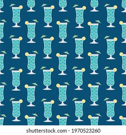 Blue Lagoon Cocktail Glasses Seamless Vector Pattern. Vector Illustration of Blue Lagoon Glass with Ice Cubes Lemon Slice and Umbrella on Indigo Blue Background. Graphic for Packaging, Flyer, Menu