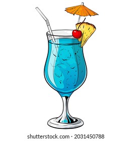 Blue lagoon cocktail, hand drawn alcohol drink with pineapple slice, cherry and umbrella. Vector illustration on white background