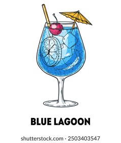Blue lagoon cocktail illustration. Hand drawn sketch. Vector illustration. Isolated object.