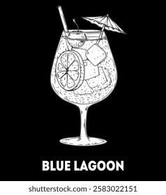 Blue lagoon cocktail illustration. Hand drawn sketch. Vector illustration. Isolated object.