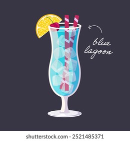 Blue lagoon cocktail isolated on black background. Vector illustration of classical summer drink