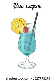 Blue lagoon cocktail, with lemon decorations, cherry and straw. For cafe and restaurant menu, packaging and advertisement. Hand drawn. Isolated image. Vector illustration.