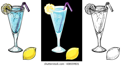 Blue Lagoon cocktail with a lemon slice and ice. Hand drawn vector illustration.