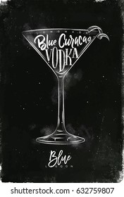 Blue lagoon cocktail lettering lemonade, curacao, vodka in vintage graphic style drawing with chalk on chalkboard background
