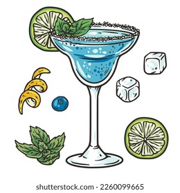 Blue lagoon cocktail with lime and ice for vector design of bar menu. Blue alcochol cocktail with vodka and likier for drink party