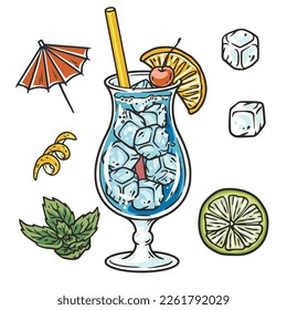 Blauer Lagunen-Cocktail mit Kalk und Eis für Vektordesign der Bar-Menü. Blauer Alkoholcocktail mit Wodka und Getränkekarte