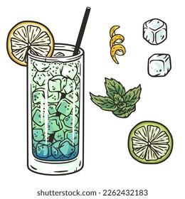 Blue lagoon cocktail with lime and ice for vector design of bar menu. Blue alcochol cocktail with vodka and likier for drink party