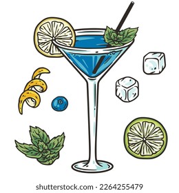 Blue lagoon cocktail with lime and ice for vector design of bar menu. Blue alcochol cocktail with vodka and likier for drink party